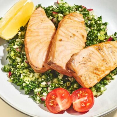 Ginger salmon with cauliflower tabbouleh and rice
