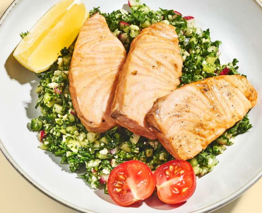 Ginger salmon with cauliflower tabbouleh and rice