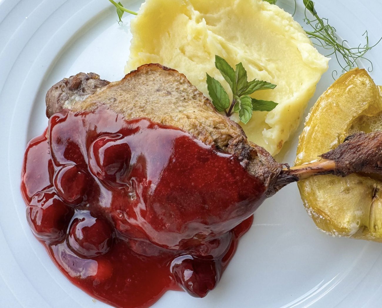 Duck leg confit with cherry sauce